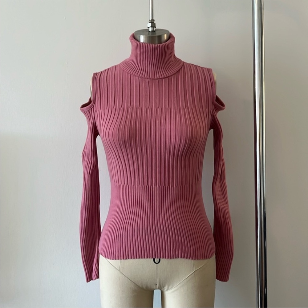 Pink Ribbed Turtleneck Cold Shoulder Top